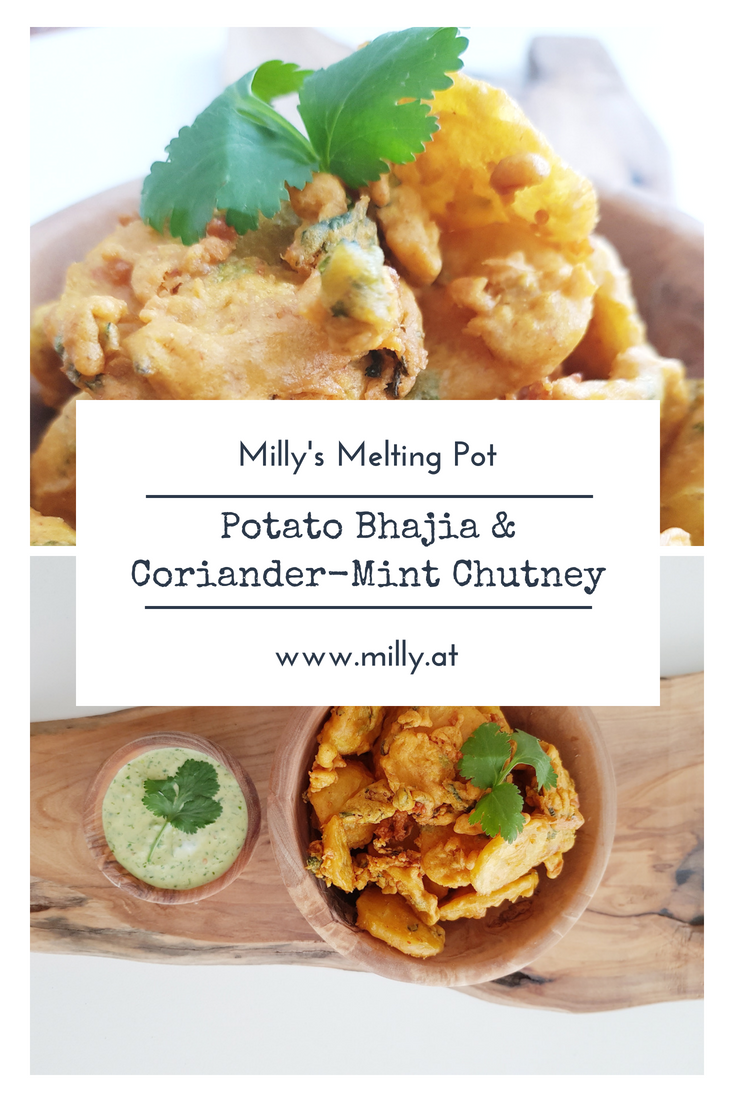 Bhajias are vegetable fritters in a chickpea-flour batter! Here I serve them with a refreshing corainder and mint chutney, a welcome couterweight to the fritters! #recipe #easy #indian #snack #fingerfood