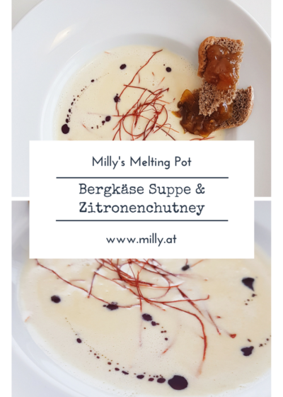 Diese herzhafte Bergkäsesuppe ist ideal um dein Herz im WInter aufzuwärmen. Aber mit dieser salzigen Zitronenmarmelade ein absoluter Gaumenschmaus! #Rezept #suppe #käse #bergkäse #chutney #croutons #chips #curcuma #marmelade