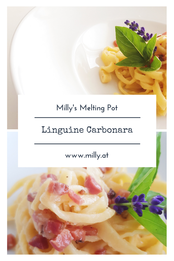 These homemade linguine with carbonara sauce are delicious. This al dente pasta with a cheesy sauce and speck - what else do you need! #pasta #recipe #homemade #diy #carbonara #dinner