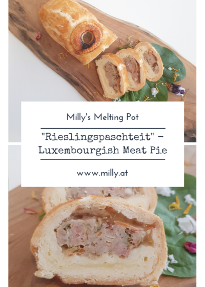 One of m all-time favorite snacks is this luxembourgish meat pie - "Rieslingspaschteit". It is a special meat pie filled with a tangy white wine aspic.