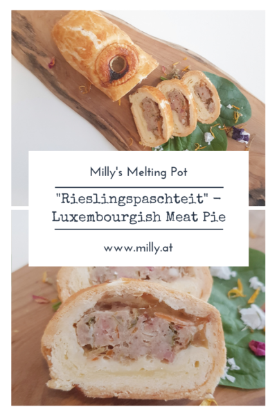 One of m all-time favorite snacks is this luxembourgish meat pie - "Rieslingspaschteit". It is a special meat pie filled with a tangy white wine aspic.