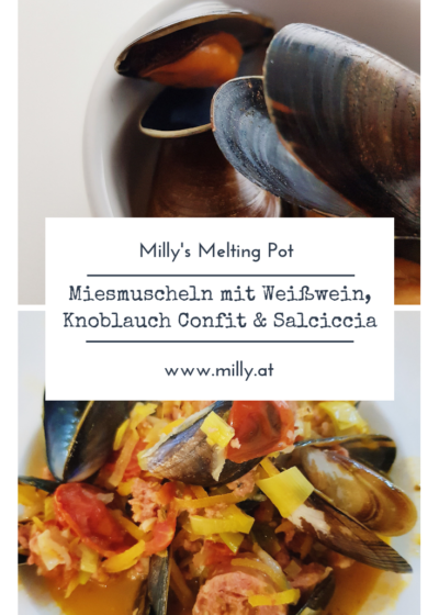 Hier meine Version der traditionellen Miesmuscheln - eine Fusion des belgischen Rezeptes mit Weißwein und dazu Salciccia Würste.