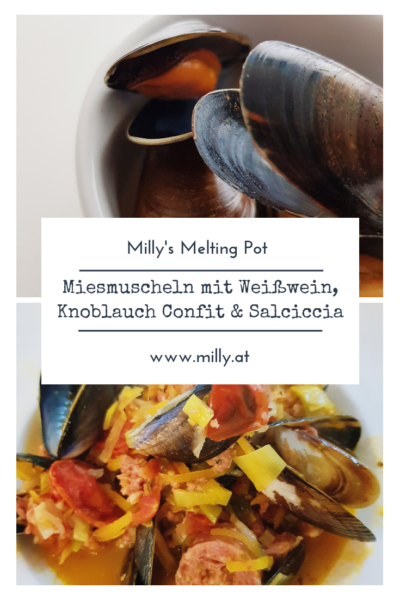 Hier meine Version der traditionellen Miesmuscheln - eine Fusion des belgischen Rezeptes mit Weißwein und dazu Salciccia Würste.