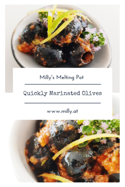 These quickly marinated olives are a hit and delicious! Ideal with a chilled glass of white wine on a warm summer evening.